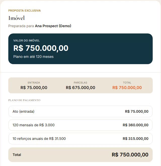 Proposta gerada no proposta.app, como o cliente do corretor recebe (dados de demonstração)
